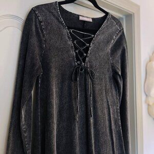 Black Acid Wash Lace Up Dress 90s Grunge Long Sleeve Skater Mini Whimsigoth